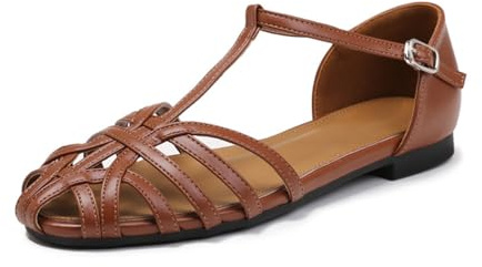 OTMYIGO Sandali Piatti con Punta Chiusa da Donna, Comodi Sandali con Cinturino alla Caviglia, Estivi, Vintage, Casual, Stile Gladiatore Romano,Marrone,38 EU