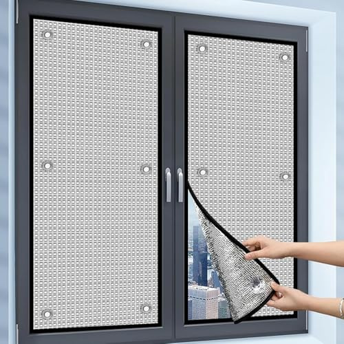 Aluminisierte Wärmeisolierung Isolierfolie für Fenster, 99% Sonnenschutzfolie Rückstandslose Doppelte Verdunkelungs Fenster Folie mit Saugnapf für Dachfenster Mieter Altbau(Silvery 65x150cm)