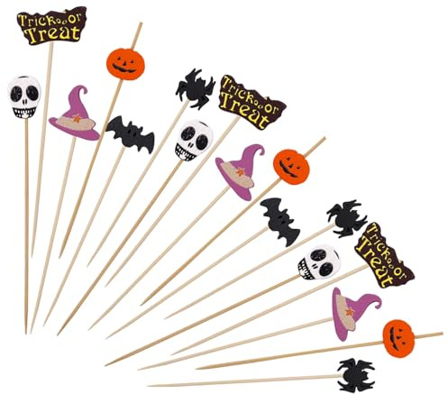 Gleevio 100 Stück Cocktailspieße Halloween Zahnstocher Holzspieße 6 Stile,Cocktail Deko Halloween Spieße Fingerfood,Kürbis Spieße Holz,Trick or Treat Partyspieße Käsespieße Obstspieße Muffin Deko