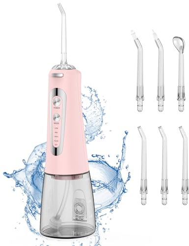 Jet Dentaire Hydropulseur Portable, Jet Dentaire Sans Fil Rechargeable avec 5 Mode set 6 Buses Capacité de 300 ML IPX7 Étanche Pour La Maison et Les Voyages
