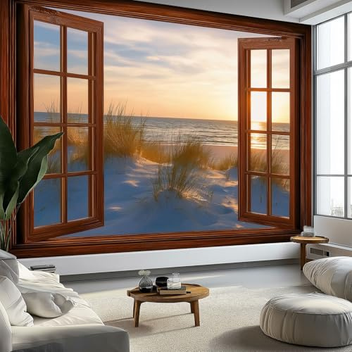 Fotomurale Murales Fotografía Ventana De Madera Dunas 200 x 140 cm Papel Pintado no Tejido, Blanco Papel Tapiz Fotográfico para Salon Dormitorio Oficina Mural de Decoración de Pared