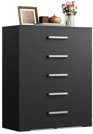 WLIVE Kommode mit 5 Schubladen, Moderner Schubladenschrank, Schwarz | 33T x 75B x 90H cm, Glatter Metallschiene, Komodenschrank Möbel, für Schlafzimmer, Wohnzimmer, Flur, Sideboard