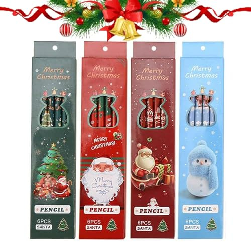 Matita Natalizia, Matite di Natale con Gomme da Cancellare Toppers, Matite Natalizie di Legno, Matita del Fumetto, Regalo Gadget Bambini Regali, 24pcs 4 Colori