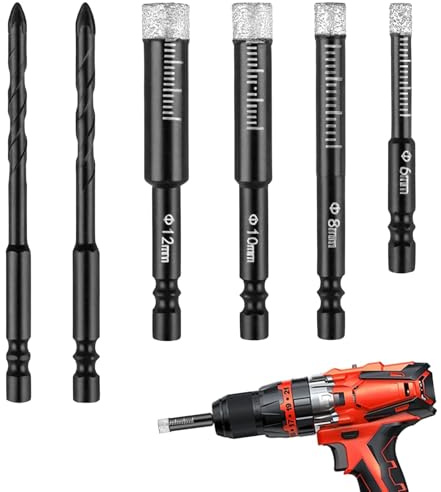 Funver 6 Pack Diamond Drill Bit Set for Porcelain Tile, Dry Drill Bits 6/8/10/12mm & 6MM Hex Shank Drill Bit for Granite Ceramic Marble Stone Glass, Diamond Tipped for Hard Materials (Set 1)