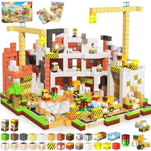 Goody King Bloques Magnéticos Construcción Niños 200 Piezas Set de Obra - Ciudad Constructora Creativa con Vehículos y Señales de Obra, Juego Educativo Magnético Regalo para Niños de 4 a 12 Años