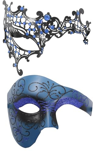 OIDEA Masque Venitien Couple Carnaval: 2 Demi-Masques de Bal Métalliques pour Carnaval et Halloween - Ensemble Costume Mascarade Vintage Cadeau Saint-Valentin