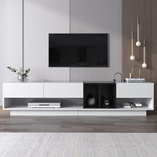 Merax High-Gloss TV Unit and Lowboard, Color-Block Design with Drawers and Multiple Storage Compartments, TV Stand Cabinet Entertainment Center for Living Room, White and Black, 190 x 40 x 42 cm