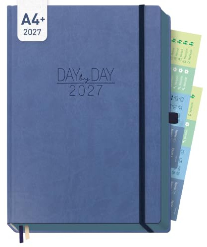Häfft® Organizer Day by Day Maxi Tageskalender 2027 A4+ Business Blue | Größer als A4, 1 Tag 1 Seite - Terminplaner & Praxisplaner mit 30-Minuten-Takt, 3 Spalten, Hardcover mit edler Lederoptik