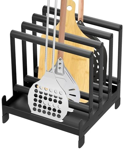 Pizza Peel Rack Steel 4 Available Slots Pizza Paddle Holder Rack with Non-Slip Feet for Pizza Spatula Turner Storage Organizing and Saving Space Pizza Turning Oven Accessories Black