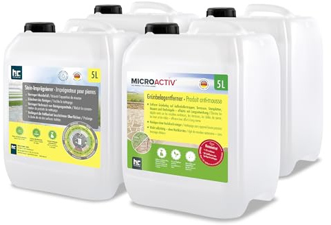 Grünbelagentferner Set 2 x 5 L & Stein- und Betonimprägnierung 2 x 5 L | Entfernt Algen, Moos und schützt dauerhaft Terrassen, Pflaster und Wege