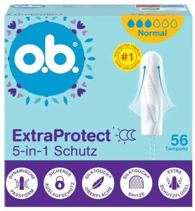 ob. ExtraProtect 5-i-1-skyddstamponger (1 x 56 st) med extra skyddande vingar för världens bästa tillförlitliga läckageskydd och komfort