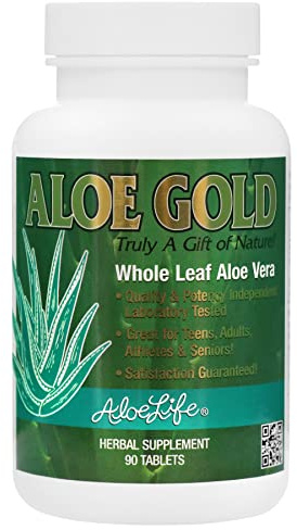 Aloe Life - Aloe Gold Tablets, Immune System Support and Healthy Herbal Bitter for Natural Digestive Aid, Energy and Body Wellness, Certified Organically Grown Whole Leaf Aloe Vera, 90 Count