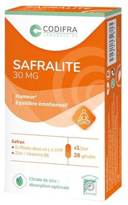 Codifra - Safralite 30mg, Complément Alimentaire Humeur et Équilibre Émotionnel - Safran, Vitamine B6, Zinc, Griffonia - Fabrication Française - 28 Gélules