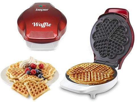 Beper - Piastra per Waffle, Cialdiera, 5 Waffle Alla Volta, Piastra Antiaderente 18cm, 800-100W - Rosso/Bianco