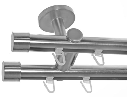 BASIT Gardinenstange Innenlauf Edelstahllook 20mm 2-läufig Decke 140cm D40 | Gardinenstangenset doppelläufig Deckenmontage Metall Vorhangstange Deckenhalterung 120-600cm wählbar Kappe E30
