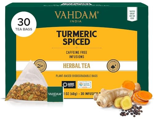 VAHDAM, Turmeric Spice Tisane (30 Sachets De Thé Pyramid) Sans Caféine | 100% Pur Et Naturel, Curcuma & Épices Fraîches | Directement De La Source En Inde | Infusion Chaude/Glacée