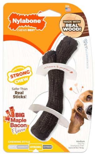 Nylabone Echtes Holzstab-Spielzeug, Starkes Kauspielzeug für Hunde, Gummi-Hundespielzeug für Moderate und Aggressive Kauer, Speckgeschmack, mittelgroß – bis zu 15,9 kg, 1 Stück