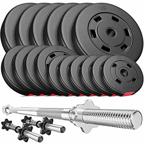 Hop-Sport Hantelset 51 kg - Langhantel 167 cm & 2 Kurzhanteln 45 cm, Hantelscheiben 30 mm: 4x5 kg, 4x2,5 kg, 8x1,25 kg - Robuste Kunststoffbeschichtung - 150 kg Max. Belastbarkeit