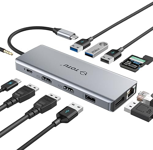 USB C HUB, TOTU 13-in-1 Docking Station (4K Dual HDMI & DP, 75W PD), Triple Displays für USB C Windows Laptops und MacBook Pro, MacOS unterstützt Mirror Display nur, grau, TT-HB010A