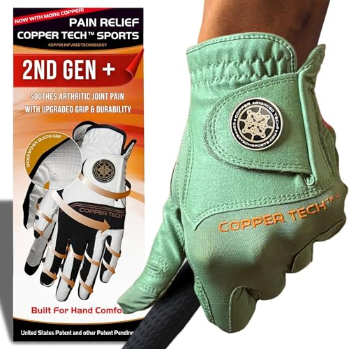 Copper Tech Plus Golf Gloves Men Right Handed Golfer or Left Handed Golfer (2nd Gen) | Copper Compression Joint Support Golf Glove (Green/Green, Medium-Large, Left)