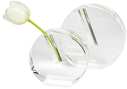 Tizo Design Clear Elegant Round Crystal Glass Bud Vase, Small Heavy Crystal 1.75” Thick Flat Round Vase, Boutique Quality Home Décor (4.75 x 5.12 x 1.75”)