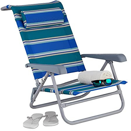 Relaxdays Vikbar solstol, justerbar, strandstol med nackkudde, armstöd och flasköppnare, blå/grön/vit, 1 st, 10035903