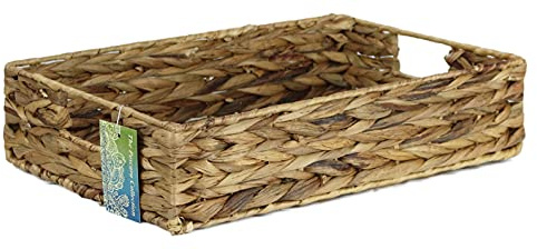 Shallow Rectangular Water Hyacinth baskets. Natural baskets light colour and with grey edges. Open trays for storage of paper, toys or books and magazines (42cm, Natural) | Shallow, Light colour with grey edges, Open trays, For storage of paper, toys, books and magazines