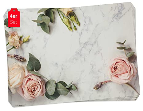 Tischset | Platzset abwaschbar - Rosen auf Marmor - 4 Stück aus erstklassigem Vinyl (Kunststoff - BPA-frei) - rutschfeste Tischunterlage mit zeitlosem Design - Tischmatte - Made in Germany