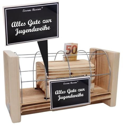 Jugendweihe Geld Geschenk - Eiserne Reserve Gitterbox Geldgeschenk - lustige Geschenkidee Geldgeschenk Geld verschenken verpacken - Text s/w Alles Gute zur Jugendweihe