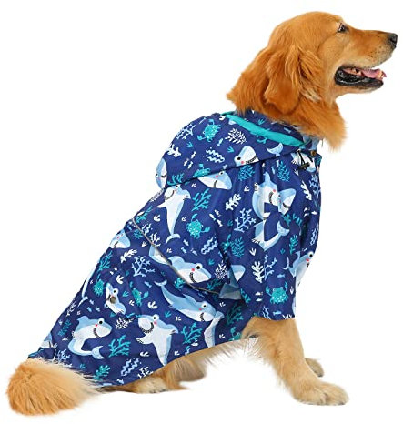 HDE Hunde-Regenmantel, doppellagig, mit Reißverschluss, Regenjacke mit Kapuze für kleine bis große Hunde, Haie, Größe XL