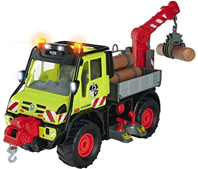 Dickie Toys – Unimog Holztransporter – mit elektrischer Seilwinde und Kranarm mit Joystick-Steuerung, mit Sound- und Licht, für Kinder ab 3 Jahren