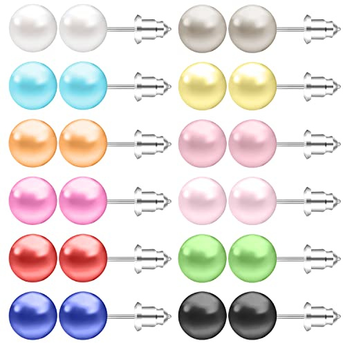 AoedeJ Colorful Pearl Stud Earrings - Small Pearl Earrings Set in Stainless Steel - For Women (6mm)