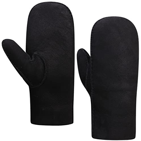 Harssidanzar Herren Winter Fäustlinge,Warme echte Wildleder Lammfell Shearling Fäustlinge Handschuhe KM044EU,Schwarz,Größe XL