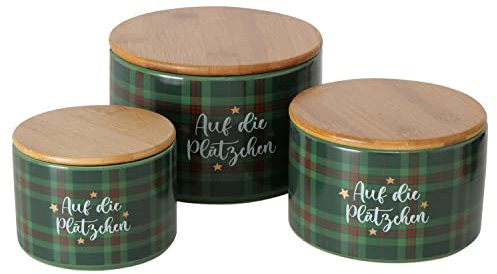 MamboCat 3tlg Set Gebäckdosen Windsor I Auf die Plätzchen I Ø 11cm, 13cm & 16cm I runde schottisch-grüne Plätzchen-Dose mit Holz-Deckel, Weihnachts-Vorratsdose, Geschenkdosen aus Steingut I Advent
