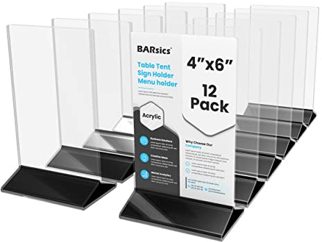 BARsics 4x6 Sturdy Table Tent Menu Holder, Commercial 2-Sided Acrylic Sign Holder (12-Pack)