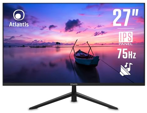 Atlantis Monitor 27 pollici, schermo 27 IPS 75Hz, Full HD 1920x1080, VGA HDMI, MULTIMEDIALE, FreeSync, Uscita Audio/Cuffie, inclinabile, risposta 5ms, Contrasto 1000:1, Angolo 178/178, Cavo HDMI 1,5m