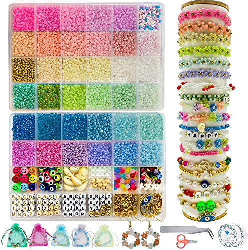 Kinearcharms 16000 Stück Perlen,3mm Perlen zum Auffädeln Perlen Set Glasperlen Armbänder Selber Machen mit 22 verschiedene Perlen Charms kit (3mm-Macarons Farben)
