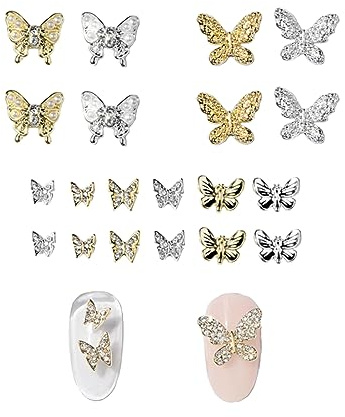 SURALIN 20 pcs Strass Ongle Nail Art 3D Métal Papillon Ongles Charmes Cristal Diamant Strass Paillettes Ongles Gros Strass Arc Nail Pierres Bijoux DIY