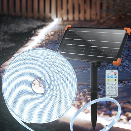 15M Solar LED Streifen Aussenbereich Wasserdicht Strip mit Fernbedienung | IP68 Wasserdicht LED Strip mit Timer Dimmbar 8 Modi, Selbstklebend LED Band für Garten, Baum, Zaun, Pool Dekor (Kaltweiß)