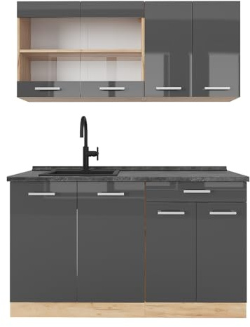 Vicco Singleküche R-Line, Anthrazit Hochglanz/Goldkraft Eiche, 140 cm | 4 Module · Höhenverstellbare Füße · AP Anthrazit inkl. · Robuste Fronten · Mit Glasschrank · Frei kombinierbar