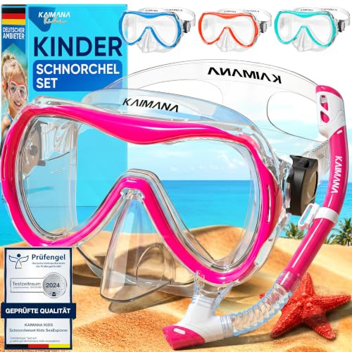 KAIMANA® SeaExplorer Set Maschera Boccaglio Bambini & Borsa – Kit Snorkeling Bambini 3-10 Anni – Maschera con Boccaglio Bambino, Cinturino Tessuto o Silicone – Mare e Piscina