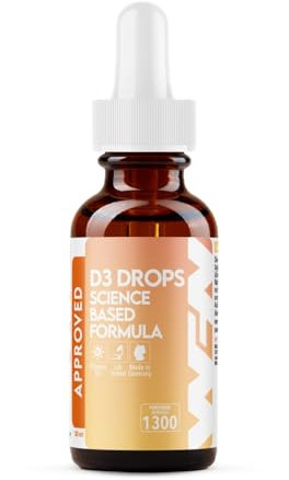 WFN Approved D3 Drops – Vitamin D3 – 1000 IU per Drop – 50 ml (1300 Servings) dissolved in MCT Coconut Oil – High Strength & Vegetarian – Made & Lab-Tested in Germany