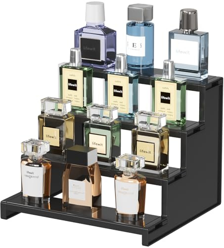 Lifewit 4 Tier Parfüm Organizer 22,8cm, 1 PCS Acryl Ständer Herren, Schwarz | Display Regal Organizer für Figuren Nagellack Gewürz Kosmetik Hautpflege Kunsthandwerk, Riser Treppe Parfümständer Männer