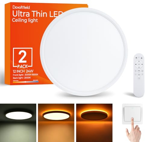 2Pack Dimmable LED Flush Mount Ceiling Light Fixture with Remote Control, 24W 2400LM, 12Inch, 2000K Warm Night Light & 3000K-6500K, Modern Super Slim Ceiling Lamp for Bedroom Kitchen, White