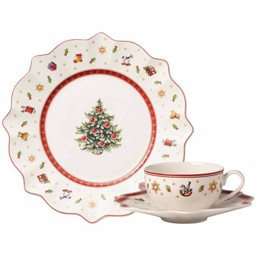 Villeroy & Boch Toy's Delight Kaffeeservice 18-teilig, Frühstücksteller (25 cm) und Kaffeetassen mit Untertassen (170 ml), Weihnachtliches Kaffeegeschirr, Premium Porzellan, Weiß