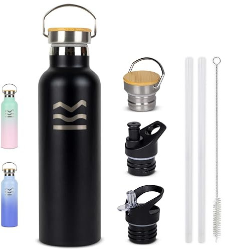 Botella Agua Acero Inoxidable Negra - HUIIKE | Botella Termica 750ml con 3 tapones, Termo Agua Fria 24 horas y Caliente 12 horas, Cantimplora Termica sin BPA Water Bottle Pajita, Reutilizable Gimnasio