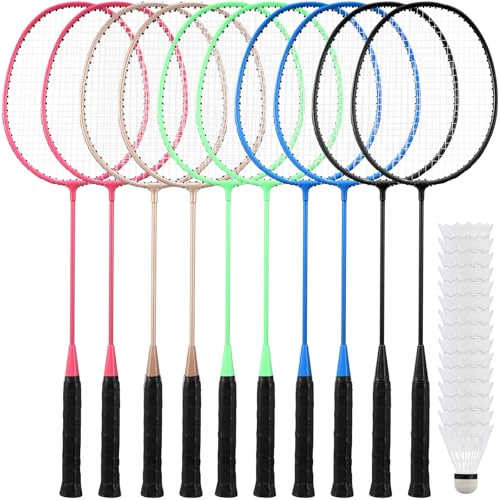 Woanger 10 Pack Badminton Rackets Set with Shuttlecocks Badminton Racquets for Adult and Lightweight Teenagers Shuttlecock Set for Backyard Gym Beach Outdoor Games (Casual Colors)