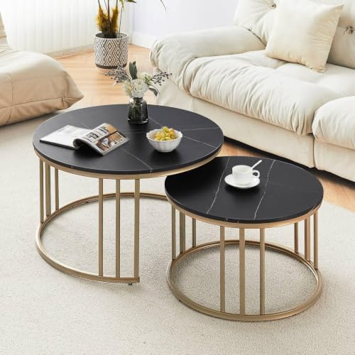 ZBAOLTO Couchtisch 2er Set, rund, Marmoreffekt Desktop, für Wohnzimmer | Modernes Couch Tisch Couchtisch, Kaffeetische Holz,Coffee Table Set: ø70×45 cm + ø50×38 cm, schwarz-gold