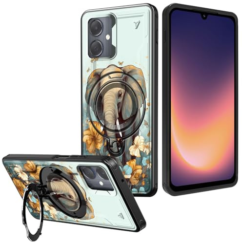 Qindaiwen for Samsung Galaxy A06 Case with Stand & Ring Holder – Military Drop Protection, Heavy Duty Shockproof Protective Sturdy Phone Case for Galaxy A06, Elephant and Flowers
