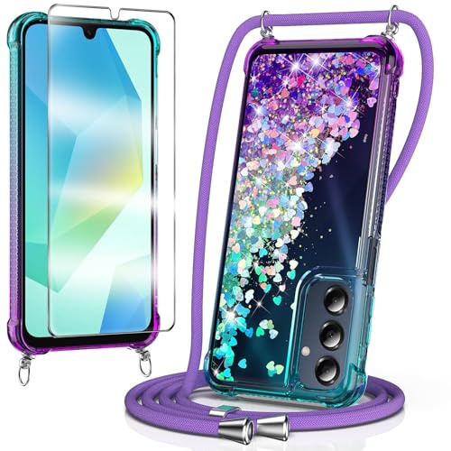 WQRTYJK Handyhülle für Samsung Galaxy A26 Hülle mit Band, Blau/Violett | 1*Stück Schutzfolie,Glitzer Transparent Weich Silikon,Necklace Schutzhülle,Flüssigkeit Treibsand,zum Umhängen Kordel,Mädchen